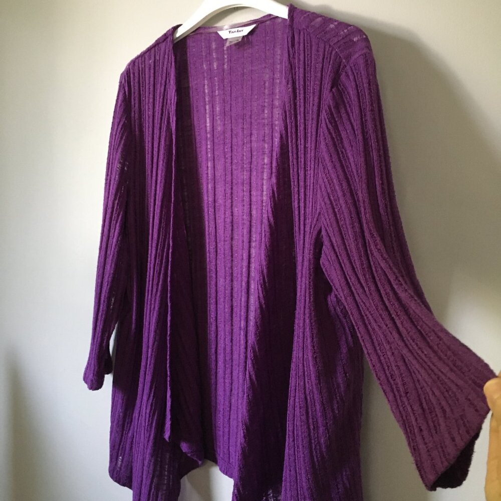 TanJay Purple Ribbed Mesh Knit Open Waterfall Cardigan Large - Picture 4 of 11